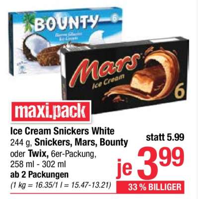 Ice Cream Snickers White, Snickers, Mars, Bounty oder Twix