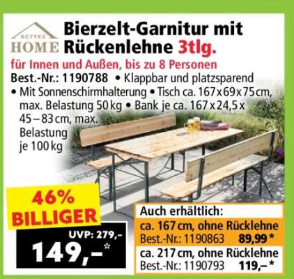 Bierzelt-Garnitur mit Rückenlehne 3tlg.