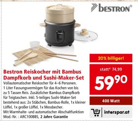 Bestron Reiskocher mit Bambus Dampfkorb und Sushi-Maker-Set