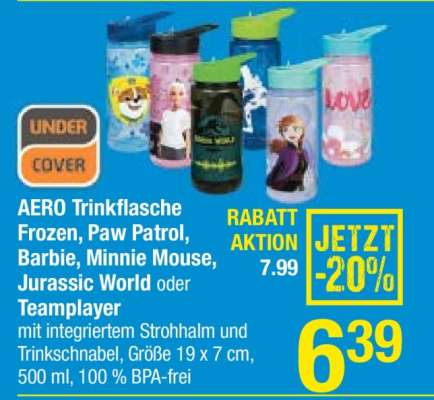 AERO Trinkflasche Frozen, Paw Patrol, Barbie, Minnie Mouse, Jurassic World oder Teamplayer