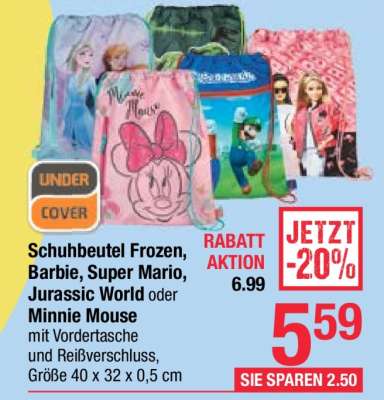 Schuhbeutel Frozen, Barbie, Super Mario, Jurassic World oder Minnie Mouse