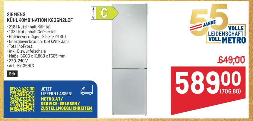 SIEMENS KÜHLKOMBINATION KG36N2LCF