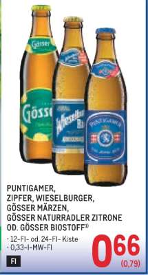 PUNTIGAMER, ZIPFER, WIESELBURGER, GÖSSER MÄRZEN, GÖSSER NATURRADLER ZITRONE OD. GÖSSER BIOSTOFF