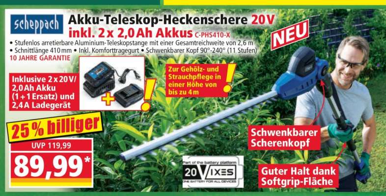 scheppach Akku-Teleskop-Heckenschere 20V