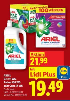 ARIEL Gel 111 WG, Pulver 100 WG oder Caps 54 WG