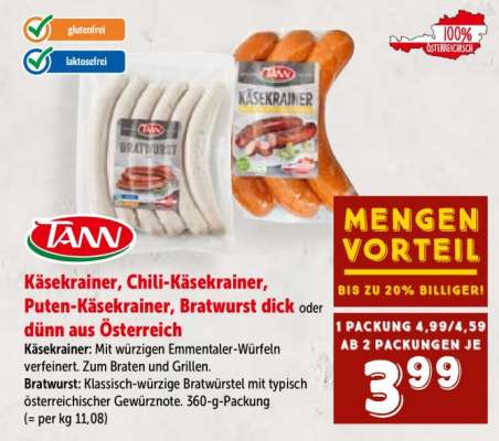 TANN Käsekrainer, Chili-Käsekrainer, Puten-Käsekrainer, Bratwurst
