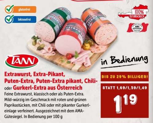 TANN Extrawurst, Extra-Pikant, Puten-Extra, Puten-Extra pikant, Chili- oder Gurkerl-Extra aus Österreich