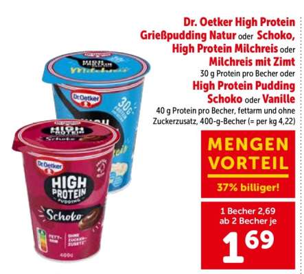 Dr. Oetker High Protein Grießpudding Natur oder Schoko, High Protein Milchreis oder Milchreis mit Zimt oder High Protein Pudding Schoko oder Vanille