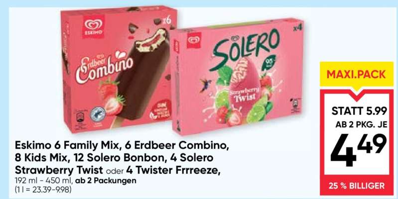 Eskimo 6 Family Mix, 6 Erdbeer Combino, 8 Kids Mix, 12 Solero Bonbon, 4 Solero Strawberry Twist oder 4 Twister Frrreeze