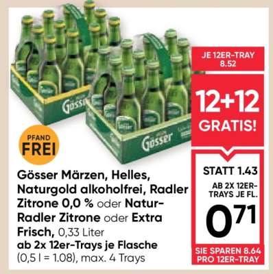Gösser Märzen, Helles, Naturgold alkoholfrei, Radler Zitrone 0,0 % oder Natur-Radler Zitrone oder Extra Frisch