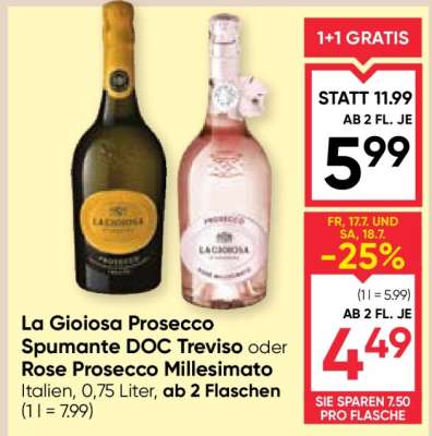 La Gioiosa Prosecco Spumante DOC Treviso oder Rose Prosecco Millesimato