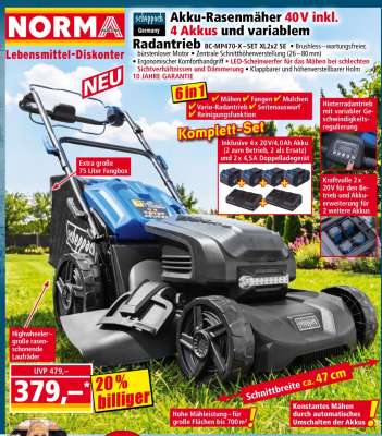 Akku-Rasenmäher 40V inkl. 4 Akkus und variablem Radantrieb