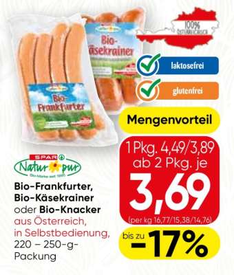 Spar Natur*pur Bio-Frankfurter, Bio-Käsekrainer oder Bio-Knacker