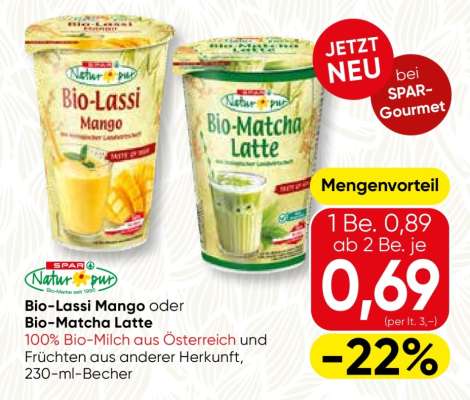 Bio-Lassi Mango oder Bio-Matcha Latte