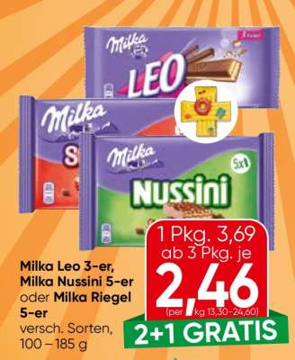 Milka Leo 3-er, Milka Nussini 5-er oder Milka Riegel 5-er