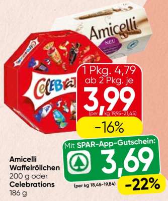 Amicelli Waffelröllchen 200 g oder Celebrations 186 g