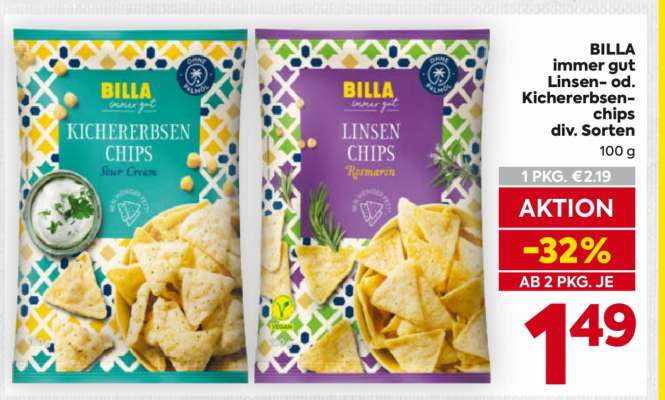 BILLA immer gut Linsen- od. Kichererbsen-chips div. Sorten