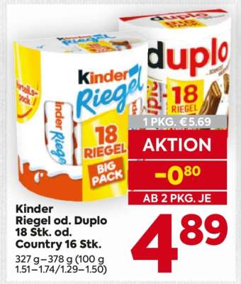 Kinder Riegel od. Duplo 18 Stk. od. Country 16 Stk.
