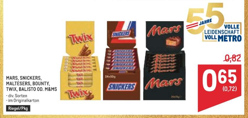 MARS, SNICKERS, MALTESERS, BOUNTY, TWIX, BALISTO OD. M&M'S