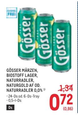Gösser Märzen, Biostoff Lager, Naturradler, Naturgold AF od. Naturradler 0,0%