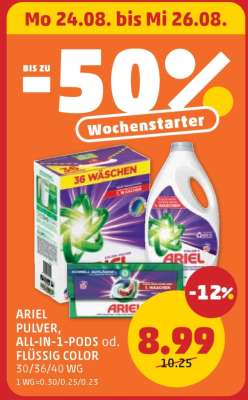 ARIEL PULVER, ALL-IN-1-PODS od. FLÜSSIG COLOR