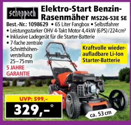 scheppach Elektro-Start Benzin-Rasenmäher MS226-53E SE