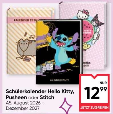 Schülerkalender Hello Kitty, Pusheen oder Stitch