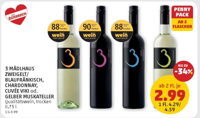 3 MÄDLHAUS ZWEIGELT/BLAUFRÄNKISCH, CHARDONNAY, CUVÉE VIKI od. GELBER MUSKATELLER