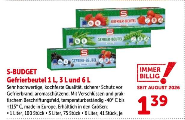 S-BUDGET Gefrierbeutel 1 L, 3 L und 6 L