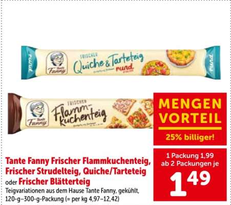 Tante Fanny Frischer Flammkuchenteig, Frischer Strudelteig, Quiche/Tarteteig oder Frischer Blätterteig