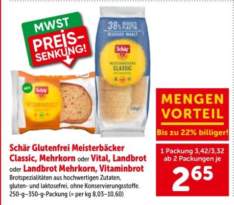 Schär Glutenfrei Meisterbäcker Classic, Mehrkorn oder Vital, Landbrot oder Landbrot Mehrkorn, Vitaminbrot