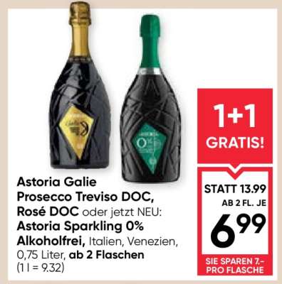 Astoria Galie Prosecco Treviso DOC, Rosé DOC oder Astoria Sparkling 0% Alkoholfrei