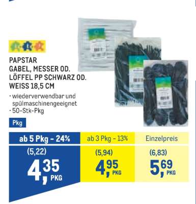 PAPSTAR GABEL, MESSER OD. LÖFFEL PP SCHWARZ OD. WEISS 18,5 CM