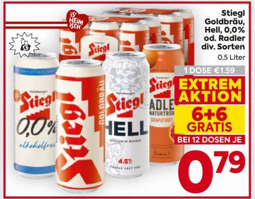 Stiegl Goldbräu, Hell, 0,0% od. Radler div. Sorten