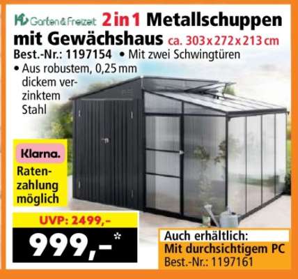 2in1 Metallschuppen mit Gewächshaus