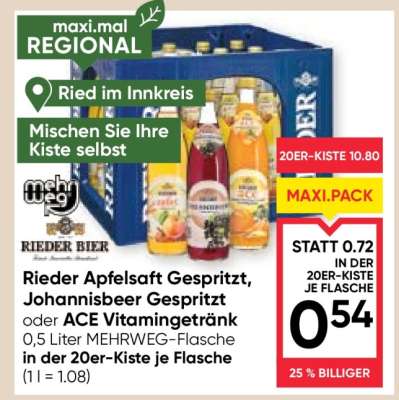 Rieder Apfelsaft Gespritzt, Johannisbeer Gespritzt oder ACE Vitamingetränk