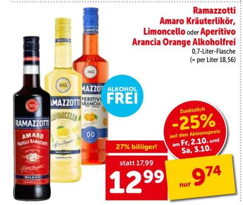 Ramazzotti Amaro Kräuterlikör, Limoncello oder Aperitivo Arancia Orange Alkoholfrei