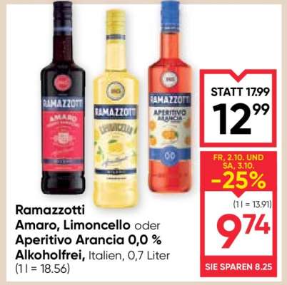 Ramazzotti Amaro, Limoncello oder Aperitivo Arancia 0,0 % Alkoholfrei