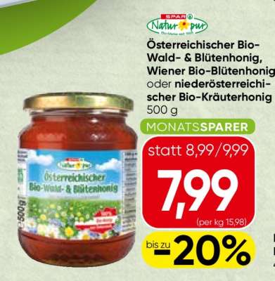 SPAR Natur*pur Österreichischer Bio-Wald- & Blütenhonig, Wiener Bio-Blütenhonig oder niederösterreichischer Bio-Kräuterhonig