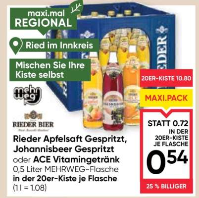 Rieder Apfelsaft Gespritzt, Johannisbeer Gespritzt oder ACE Vitamingetränk