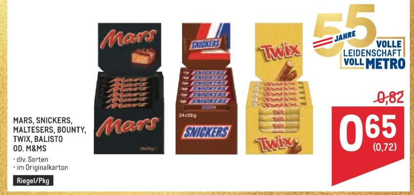 MARS, SNICKERS, MALTESERS, BOUNTY, TWIX, BALISTO OD. M&M'S