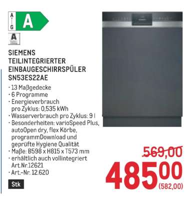 SIEMENS TEILINTEGRIERTER EINBAUGESCHIRRSPÜLER SN53ES22AE