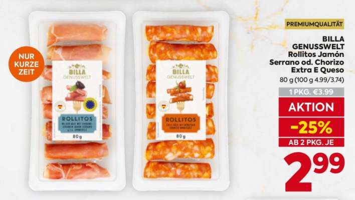 BILLA GENUSSWELT Rollitos Jamón Serrano od. Chorizo Extra E Queso