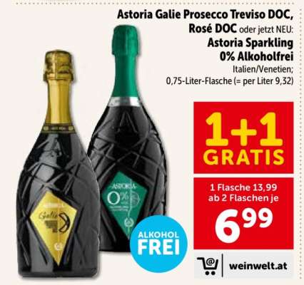 Astoria Galie Prosecco Treviso DOC, Rose DOC oder jetzt NEU Astoria Sparkling 0% Alkoholfrei