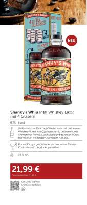 Shanky's Whip Irish Whiskey Likör mit 4 Gläsern