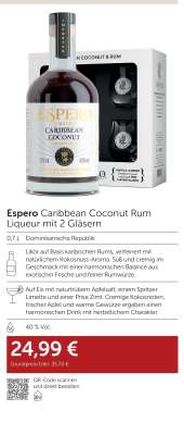 Espero Caribbean Coconut Rum Liqueur mit 2 Gläsern